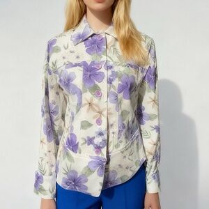 Lemon grass Floral Button Down Jacket in Purple and White Sz S